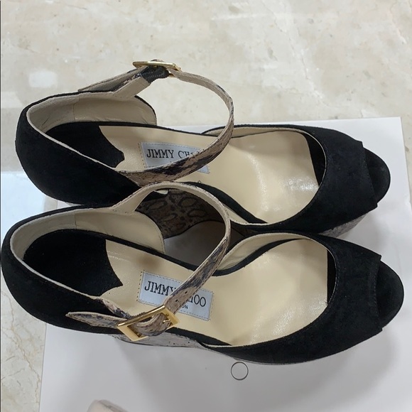 JIMMY CHOO FOLLY EXOTIC SNAKESKIN AND SUEDE PLATFORM SANDALS BLACK SIZE 8, 8.5 - Picture 4 of 7